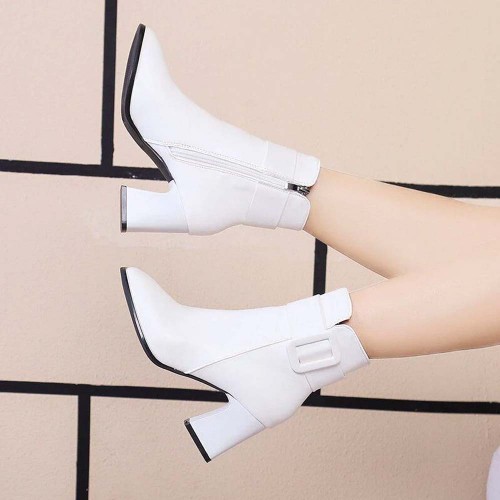 Women's Casual High Heel Leather Boots - White image