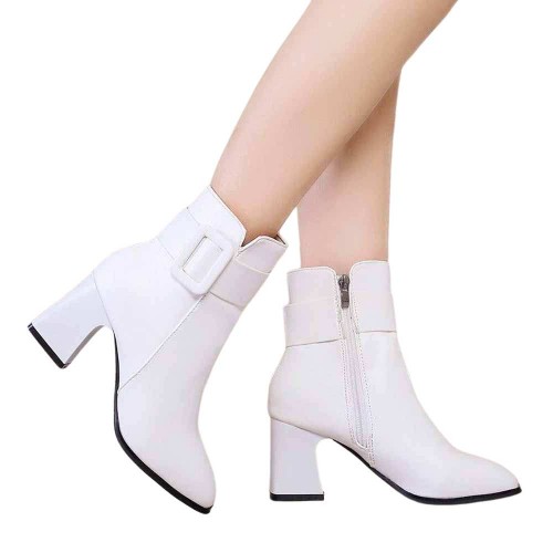 Women's Casual High Heel Leather Boots - White image