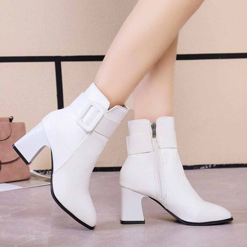 Women's Casual High Heel Leather Boots - White image