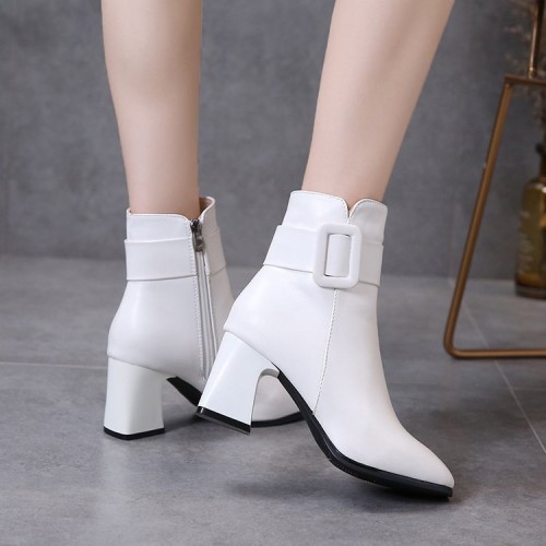 Women's Casual High Heel Leather Boots - White image