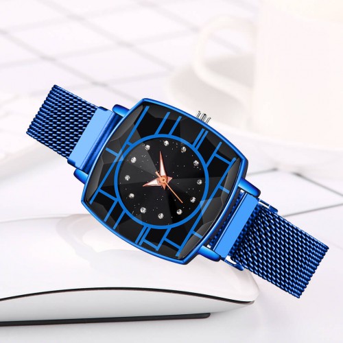 Mesh Style Magnetic Closure Women's Wrist Watch - Blue image