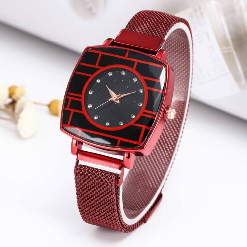 Mesh Style Magnetic Closure Women's Wrist Watch - Red image