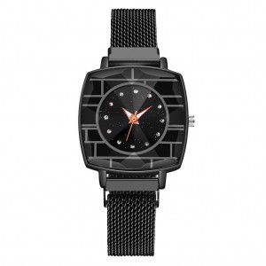 Magnetic Mesh Strap Square Dial Women's Watch - Black
