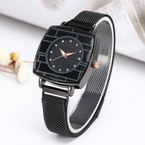 Magnetic Mesh Strap Square Dial Women's Watch - Black image