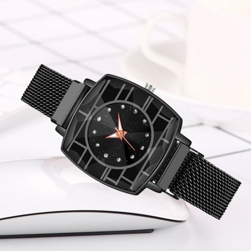 Magnetic Mesh Strap Square Dial Women's Watch - Black image