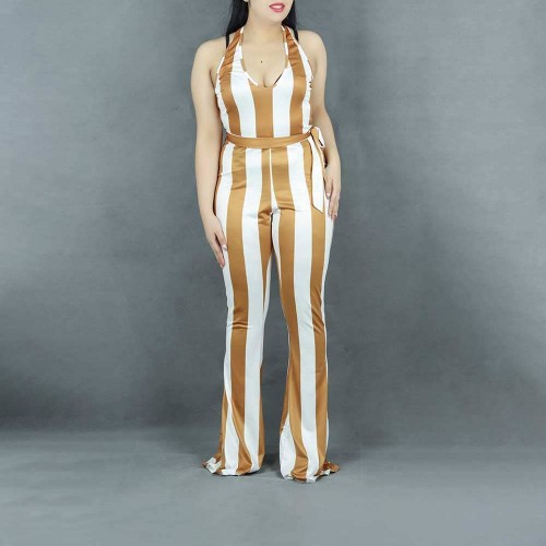 Striped Printed Halter Neck Body Fit Jumpsuit - Orange image