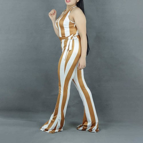 Striped Printed Halter Neck Body Fit Jumpsuit - Orange image