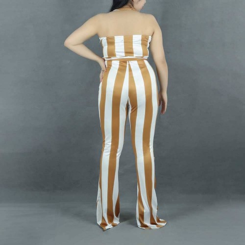 Striped Printed Halter Neck Body Fit Jumpsuit - Orange image
