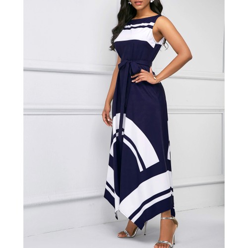 Printed Asymmetric Hem Sleeveless Maxi Dress - Navy Blue image
