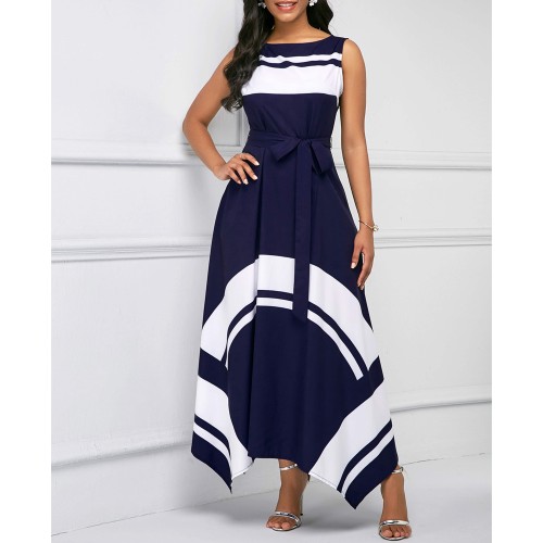Printed Asymmetric Hem Sleeveless Maxi Dress - Navy Blue image