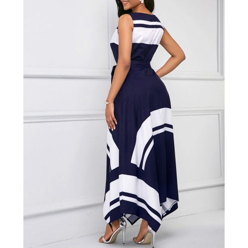 Printed Asymmetric Hem Sleeveless Maxi Dress - Navy Blue image