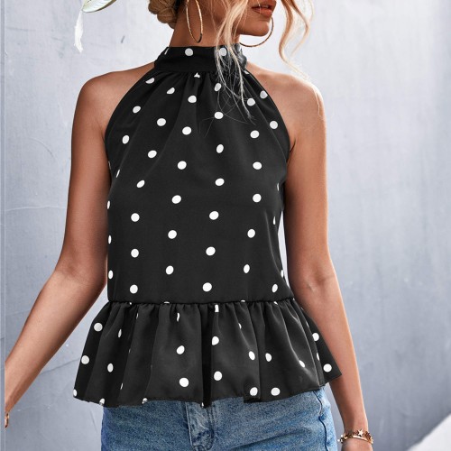 Polka Dot Hanging Neck Strapped Shirt - Black image