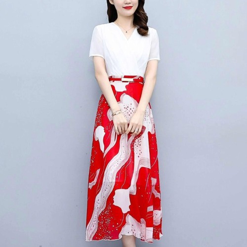 Women Floral Print Tight Mid-Length Dress - Red image