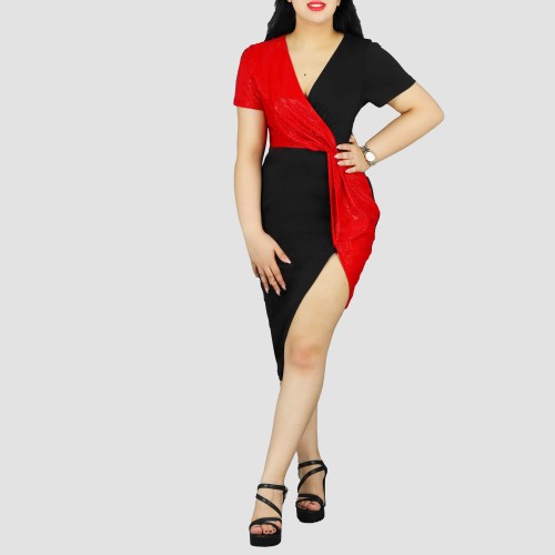 Short Sleeve Contrast Shining Cocktail Party Dress - Red image