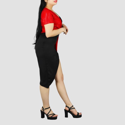 Short Sleeve Contrast Shining Cocktail Party Dress - Red image
