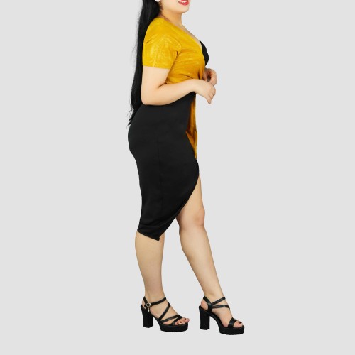 Short Sleeve Contrast Shining Cocktail Party Dress - Gold image