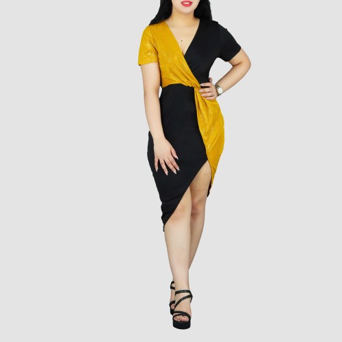 Short Sleeve Contrast Shining Cocktail Party Dress - Gold image