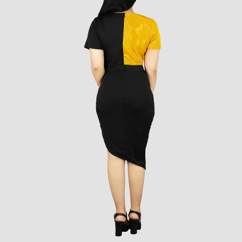 Short Sleeve Contrast Shining Cocktail Party Dress - Gold image