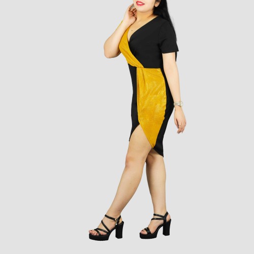 Short Sleeve Contrast Shining Cocktail Party Dress - Gold image