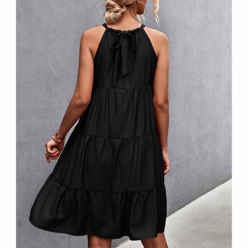 Knee Length Halter Neck Stitched Dress - Black image