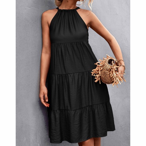 Knee Length Halter Neck Stitched Dress - Black image
