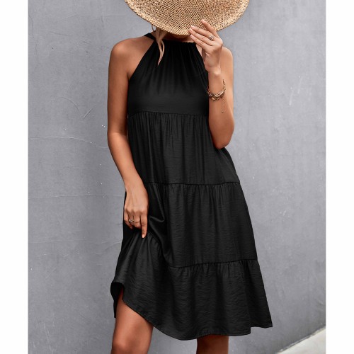 Knee Length Halter Neck Stitched Dress - Black image