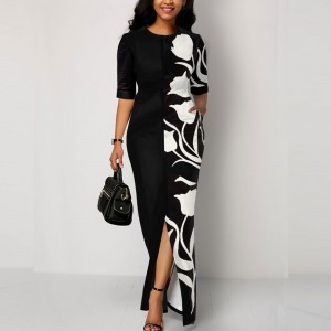 Floral Printed Contrast High Waist Long Skirt Dress - Black