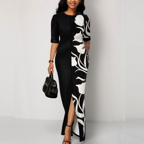 Floral Printed Contrast High Waist Long Skirt Dress - Black image