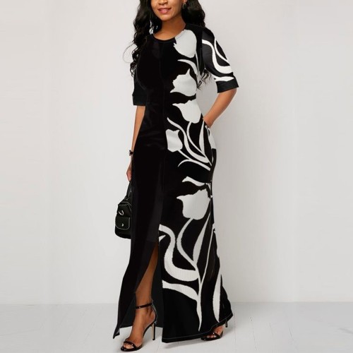 Floral Printed Contrast High Waist Long Skirt Dress - Black image