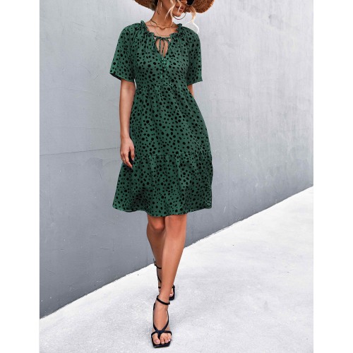 Sexy V-Neck Polka Cross Border Ruffled Dress - Green image