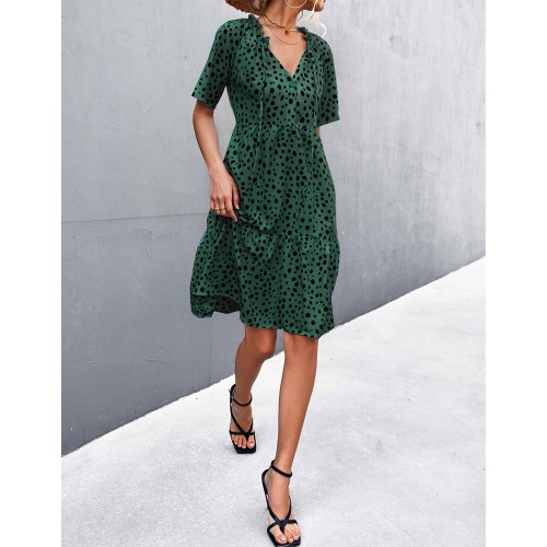 Sexy V-Neck Polka Cross Border Ruffled Dress - Green image
