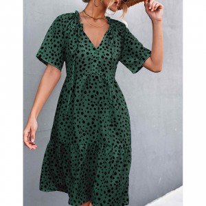 Sexy V-Neck Polka Cross Border Ruffled Dress - Green
