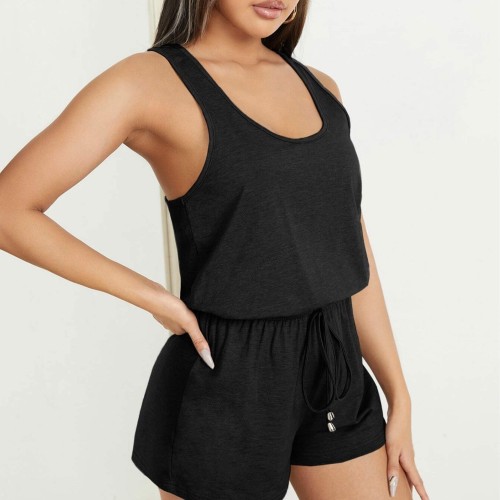 U-Neck Casual Tank Top Loose Rompers Dress - Black image