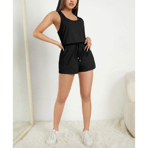 U-Neck Casual Tank Top Loose Rompers Dress - Black image