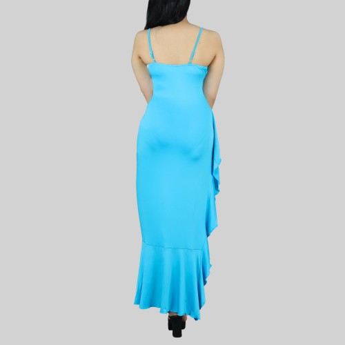 Ruffles Suspenders Sexy High Slit Dress - Blue image