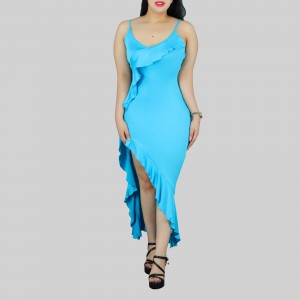 Ruffles Suspenders Sexy High Slit Dress - Blue