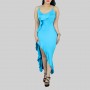 Ruffles Suspenders Sexy High Slit Dress - Blue