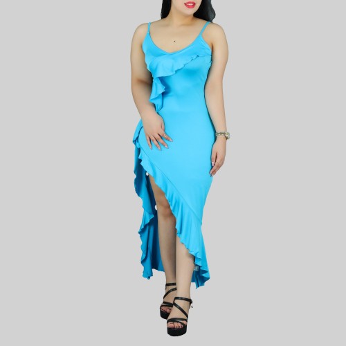 Ruffles Suspenders Sexy High Slit Dress - Blue image