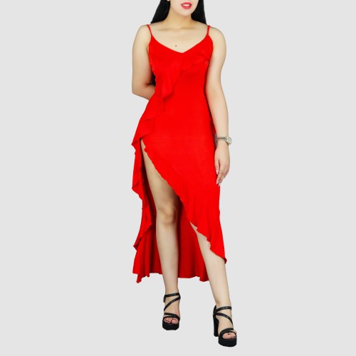 Ruffles Suspenders Sexy High Slit Dress - Red image