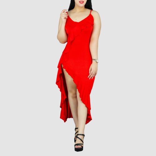 Ruffles Suspenders Sexy High Slit Dress - Red image