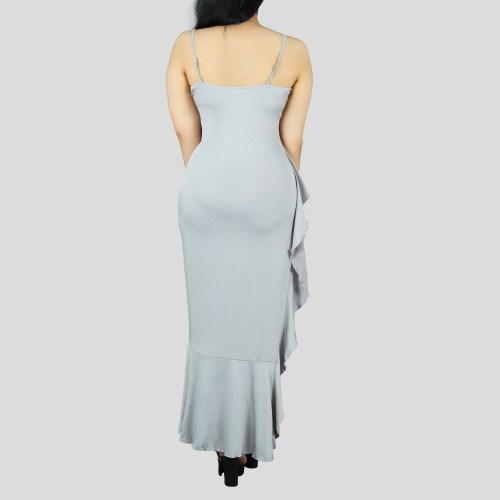 Ruffles Suspenders Sexy High Slit Dress - Grey image