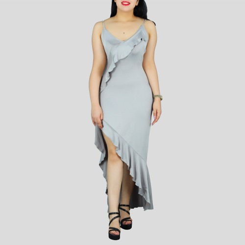 Ruffles Suspenders Sexy High Slit Dress - Grey image