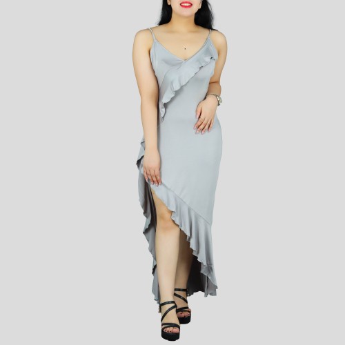Ruffles Suspenders Sexy High Slit Dress - Grey image