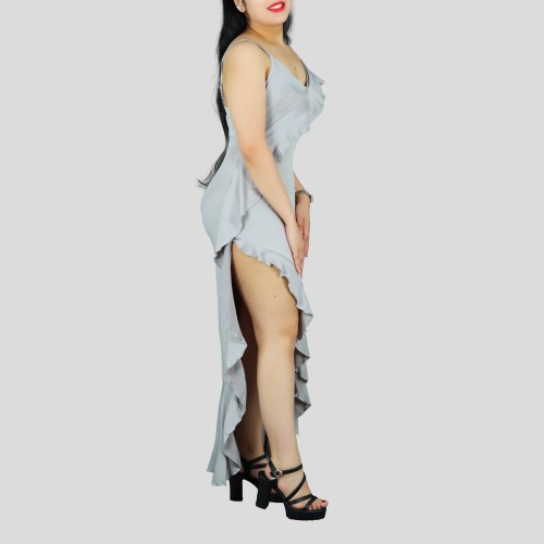 Ruffles Suspenders Sexy High Slit Dress - Grey image