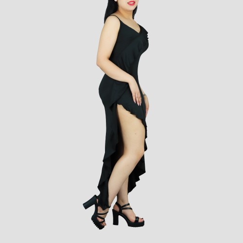 Ruffles Suspenders Sexy High Slit Dress - Black image