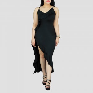 Ruffles Suspenders Sexy High Slit Dress - Black