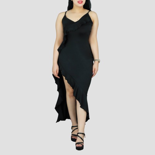 Ruffles Suspenders Sexy High Slit Dress - Black image