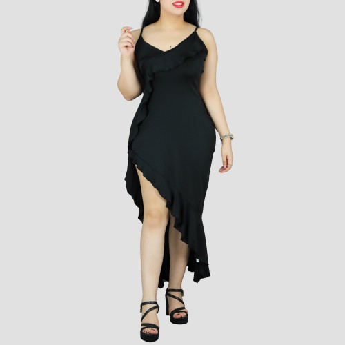 Ruffles Suspenders Sexy High Slit Dress - Black image