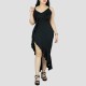 Ruffles Suspenders Sexy High Slit Dress - Black image