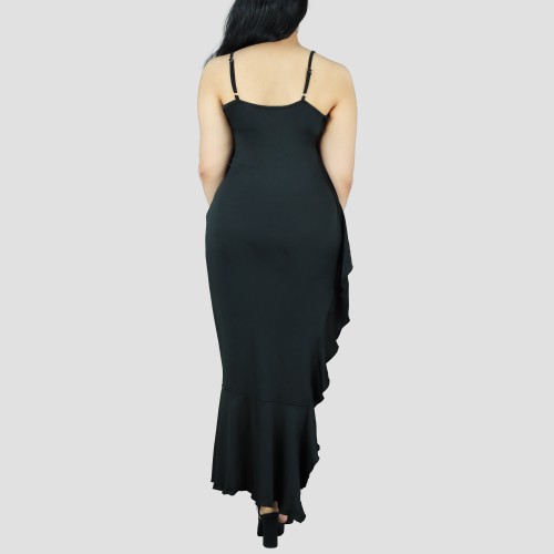 Ruffles Suspenders Sexy High Slit Dress - Black image